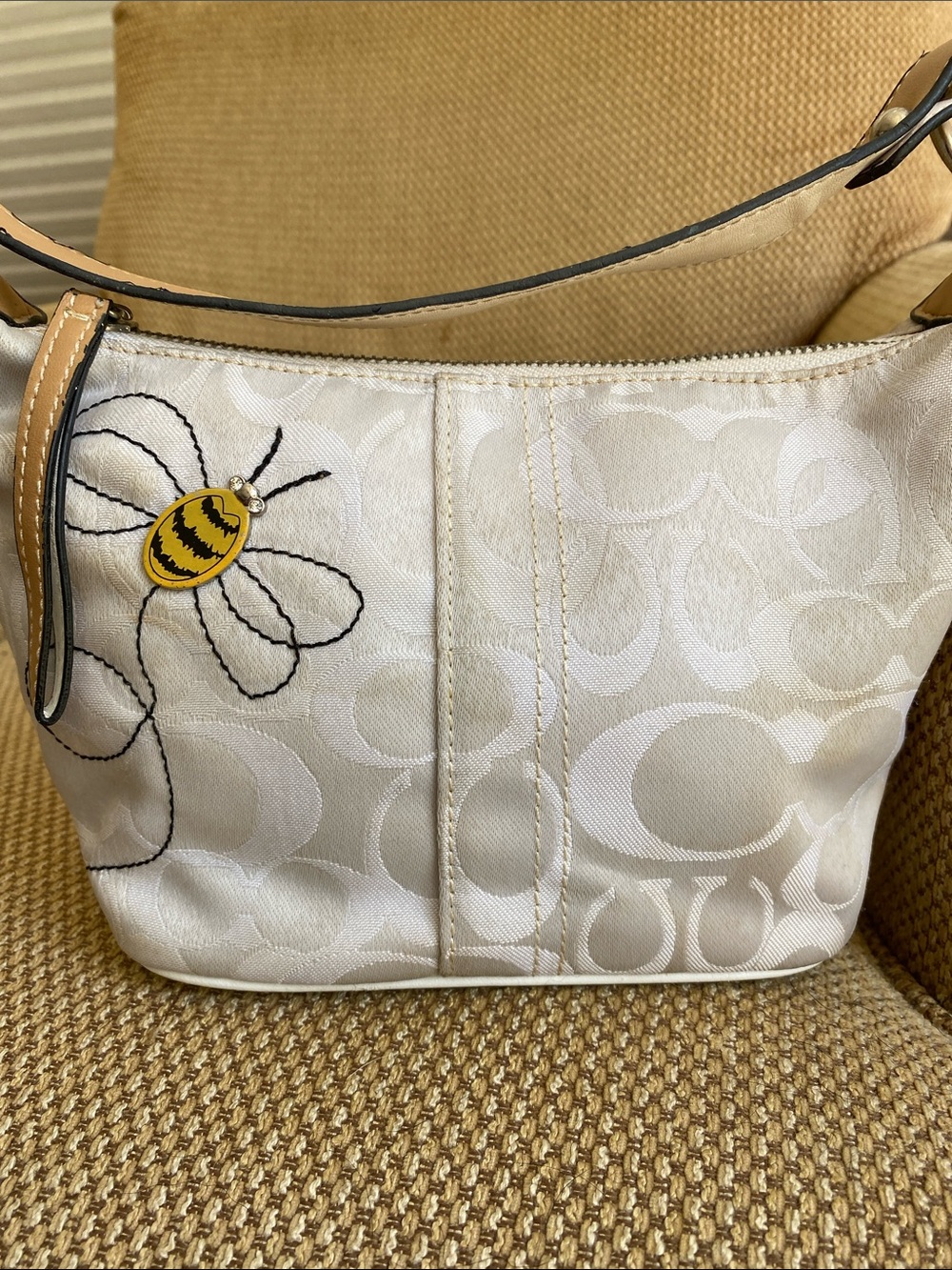 Coach Cream Vintage RARE Signature& Bee Shoulder Bag with Tan Trim